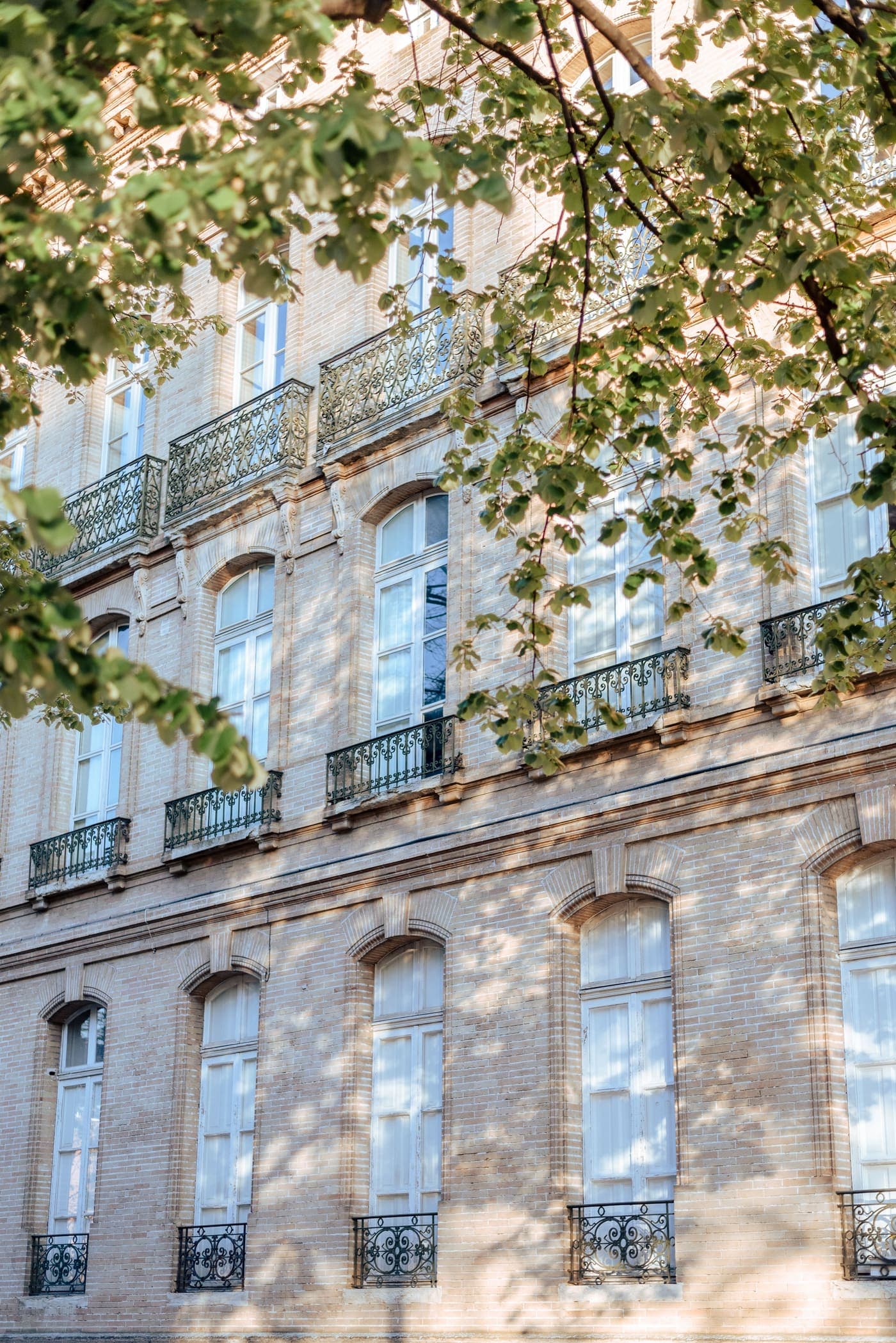 A Toulouse brick facade with wrought-iron balconies seen through leaves
