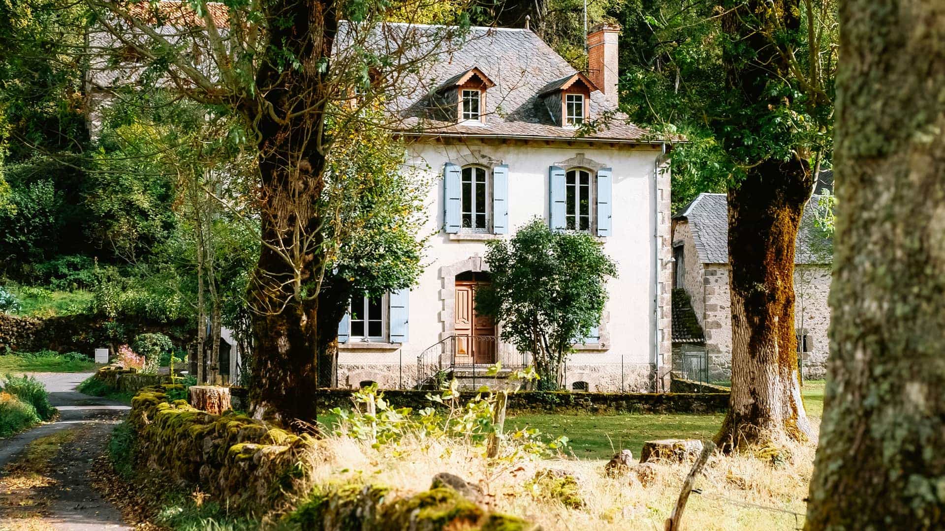 A stone house with pale blue shutters at the end of a tree-lined lane in the South of France